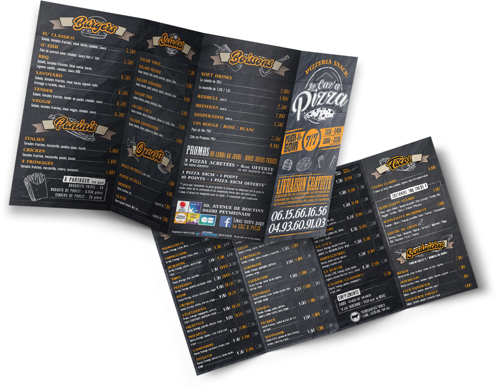 Communication imprimée, réalisation flyers 4 volets pizzeria